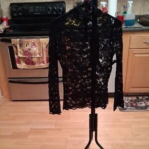 Source Unknown Black Sheer Floral Lace Long Sleeve Blouse